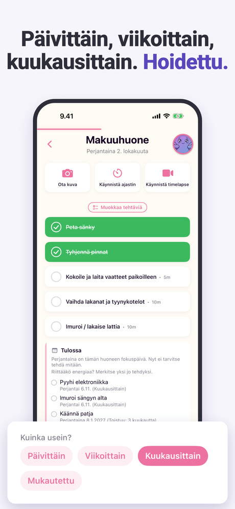 Kuvakaappaus 3 sovelluksesta ADHD Cleaning Planner