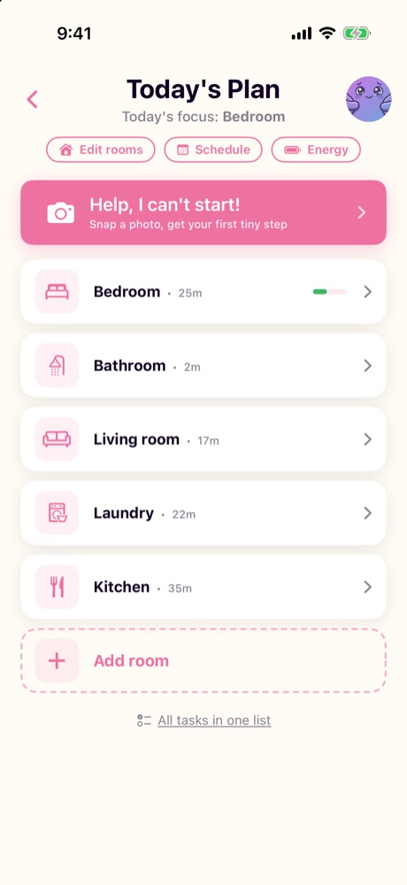 Today's Plan in ADHD Cleaning Planner, with the pink Help, I can't start! button above the list of rooms.