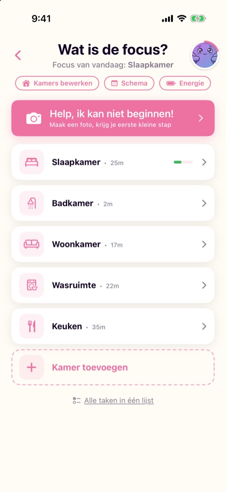 Het overzicht van vandaag in ADHD Cleaning Planner, met de roze knop Help, ik kan niet beginnen! boven de lijst met kamers.