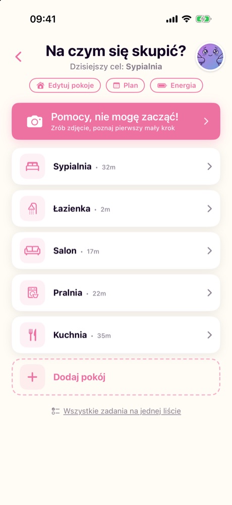 Dzisiejszy plan w ADHD Cleaning Planner z różowym przyciskiem Pomocy, nie mogę zacząć! nad listą pokojów.