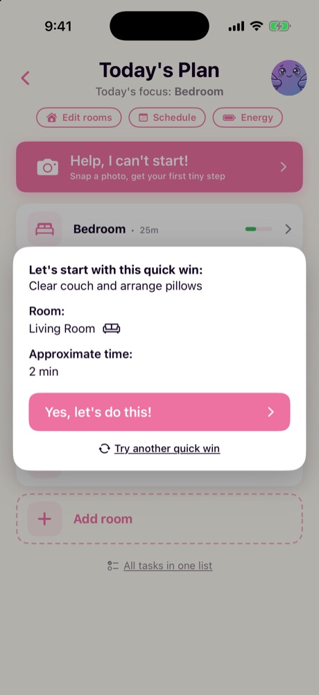 A quick win card over Today's Plan: clear couch and arrange pillows, in the living room, about 2 minutes, with Yes, let's do this! and Try another quick win.