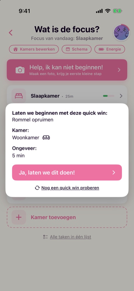 Een quick win-kaart: rommel opruimen in de woonkamer, ongeveer 5 minuten, met Ja, laten we dit doen! en Nog een quick win proberen.