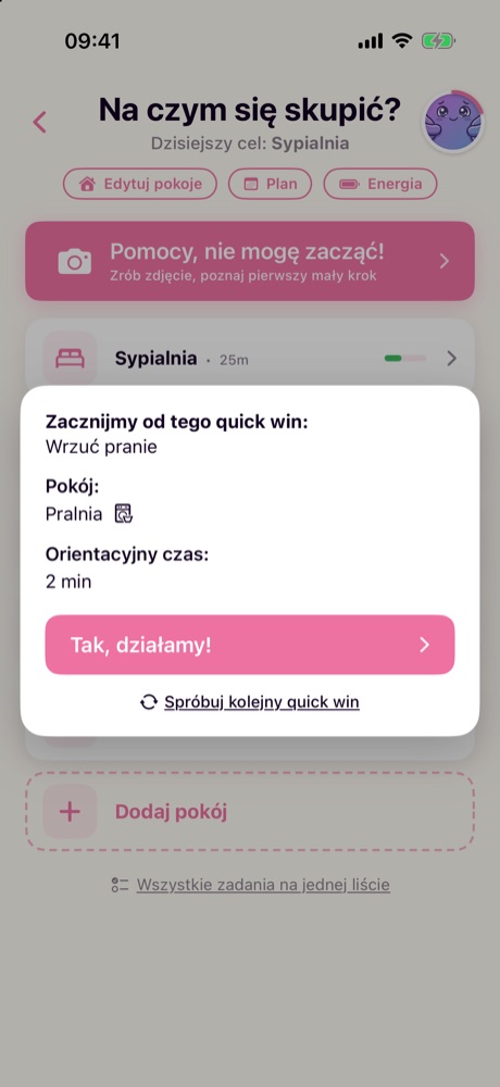Karta quick win: wrzuć pranie w pralni, około 2 minut, z przyciskami Tak, działamy! i Spróbuj kolejny quick win.