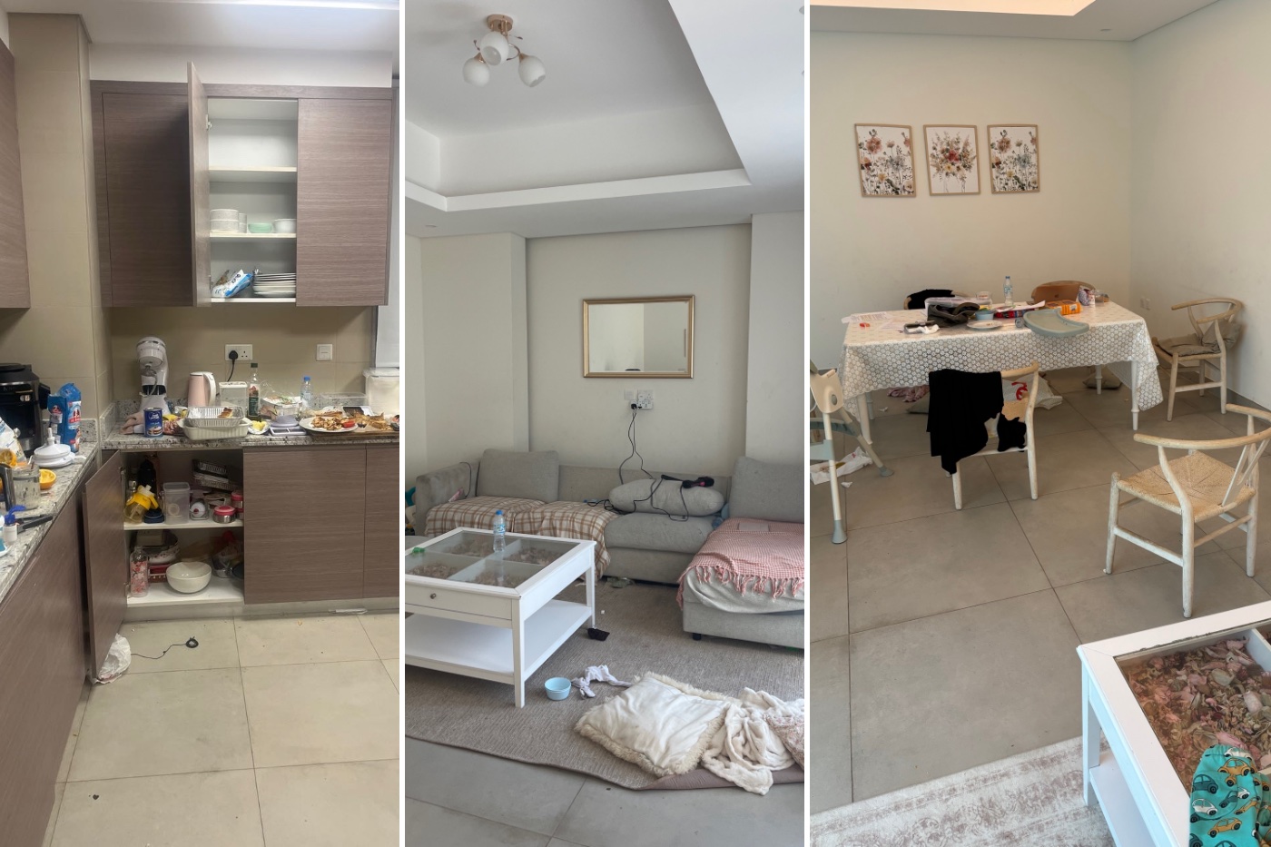 Three messy rooms side by side: a kitchen counter full of dishes and packets, a living room with blankets on the floor, and a dining room with a jacket over a chair.