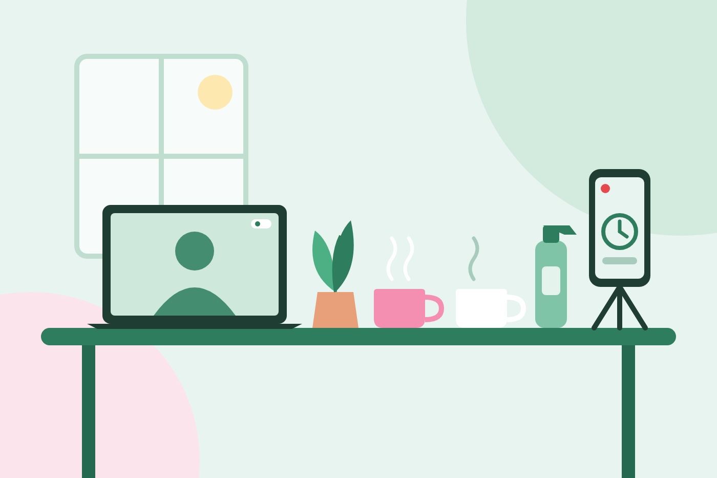 Illustration of a table with a laptop showing a video call, two steaming mugs, a plant, a spray bottle and a phone on a small tripod recording a timelapse.