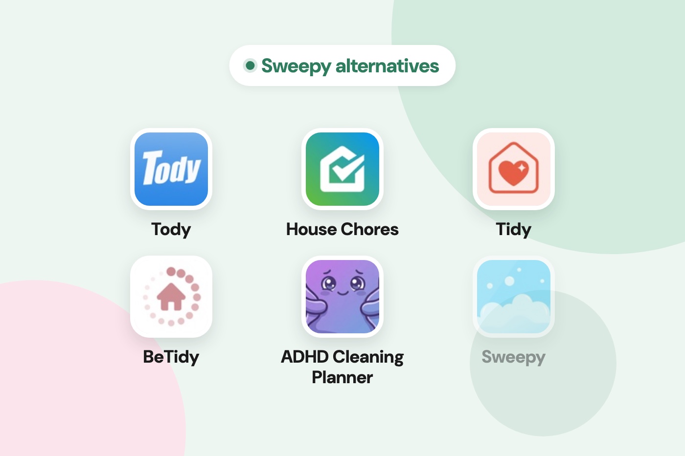 The app icons of Tody, House Chores, Tidy, BeTidy and ADHD Cleaning Planner, with Sweepy faded as the app being replaced.