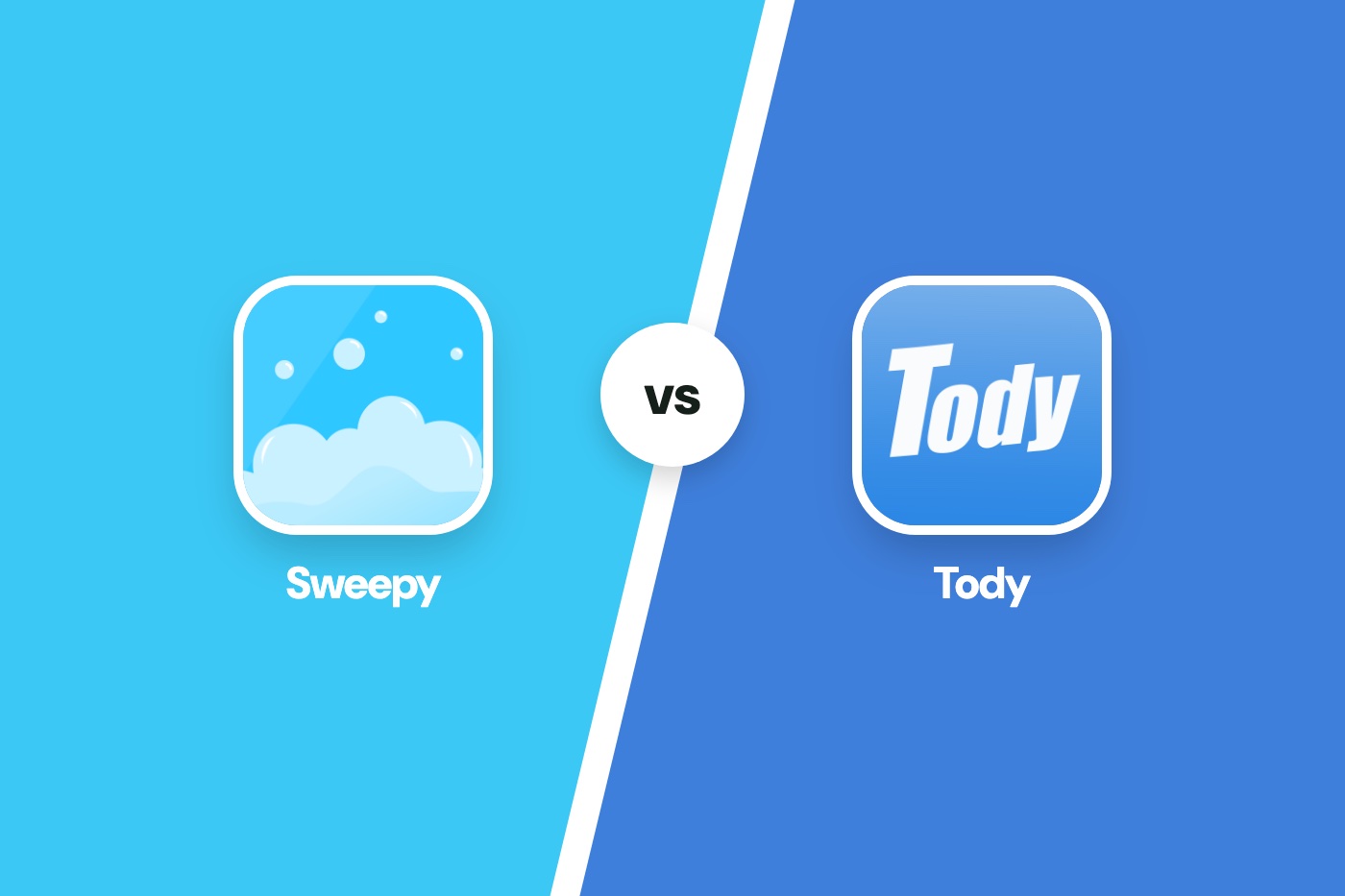 The Sweepy and Tody app icons side by side with "vs" between them, on a background split diagonally into light blue and blue.