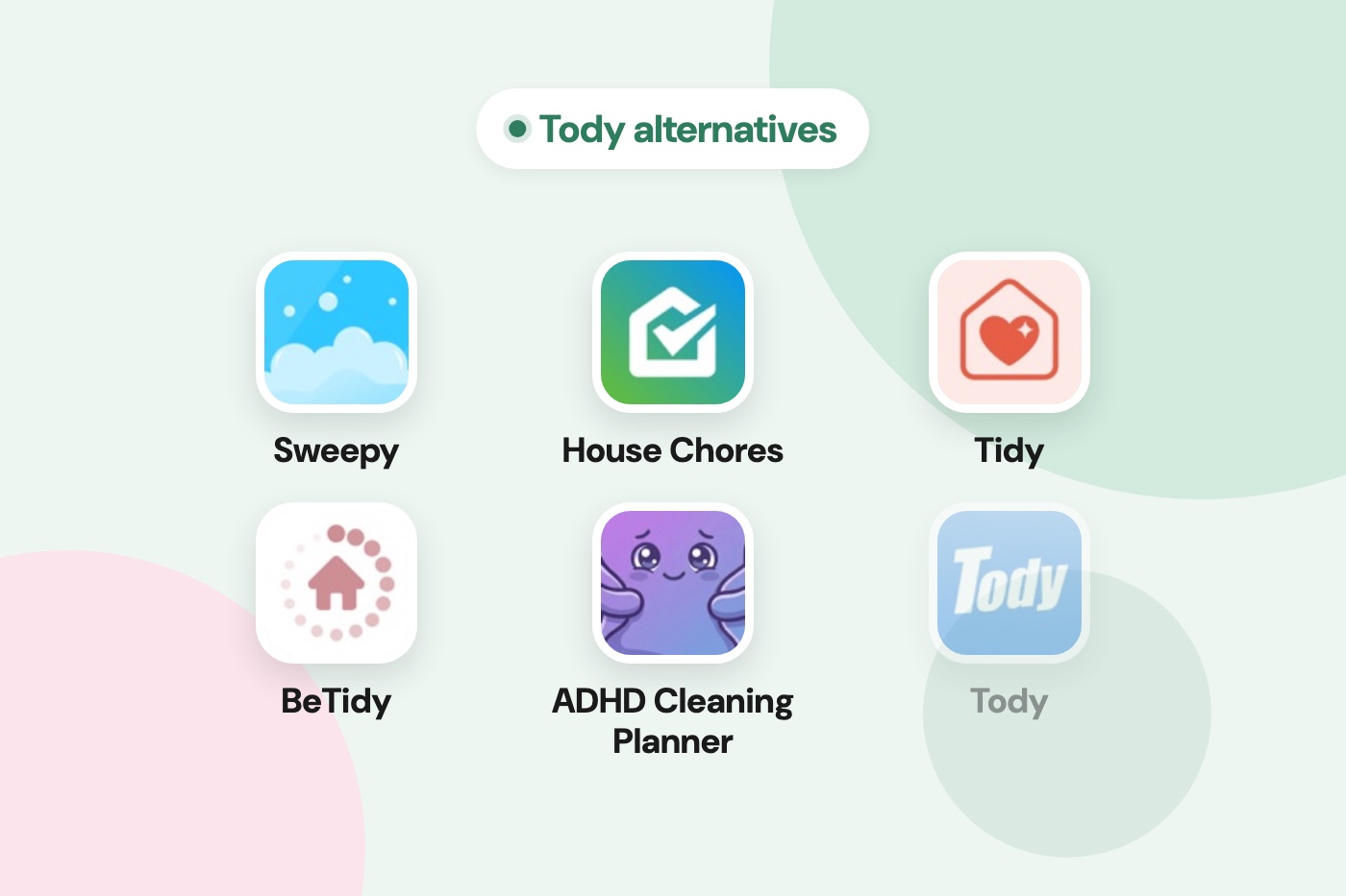 The app icons of Sweepy, House Chores, Tidy, BeTidy and ADHD Cleaning Planner, with Tody faded as the app being replaced.